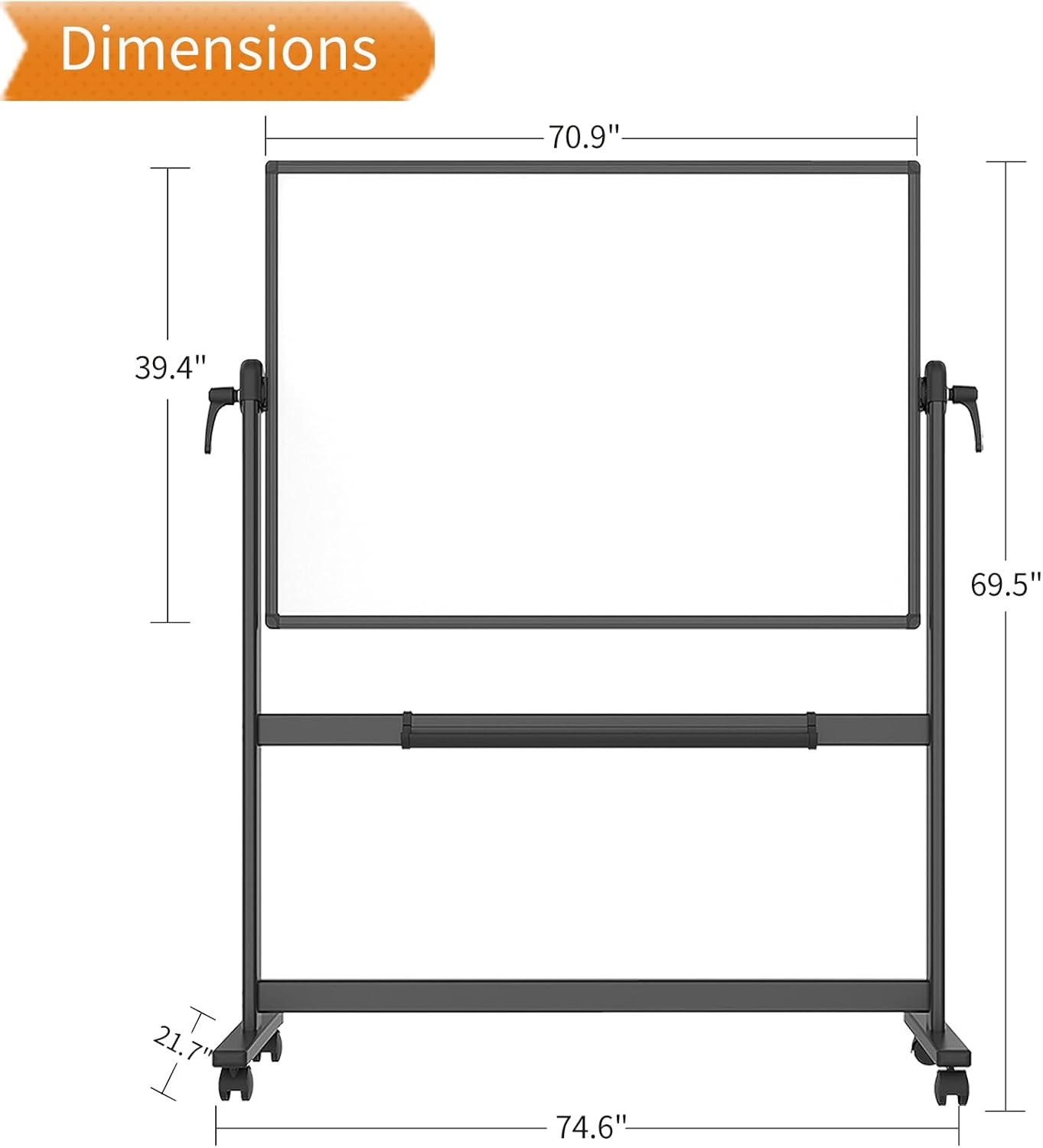 image:imageVIZPRO DoubleSided Magnetic Mobile Whiteboard 72 x 40 Inches Rolling Dry Erase Board Easel Stand on Wheels with Black Aluminium Frame for School Office Home72W x 40H
