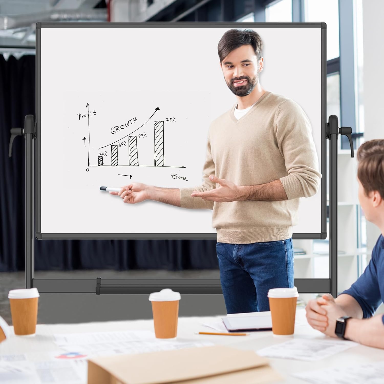 image:imageVIZPRO DoubleSided Magnetic Mobile Whiteboard 72 x 40 Inches Rolling Dry Erase Board Easel Stand on Wheels with Black Aluminium Frame for School Office Home72W x 40H