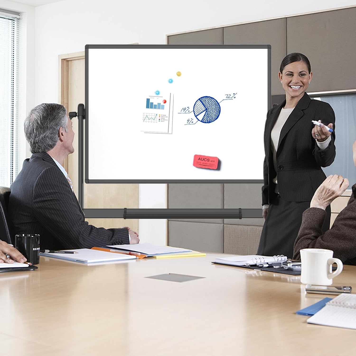 image:imageVIZPRO DoubleSided Magnetic Mobile Whiteboard 72 x 40 Inches Rolling Dry Erase Board Easel Stand on Wheels with Black Aluminium Frame for School Office Home72W x 40H