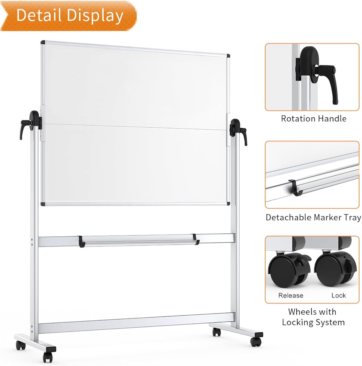 image:imageVIZPRO DoubleSided Mobile Whiteboard 48 x 48 Inches Magnetic Rolling Dry Erase White Board on Wheels with Aluminium Frame and Stand 4 x 448W x 48H