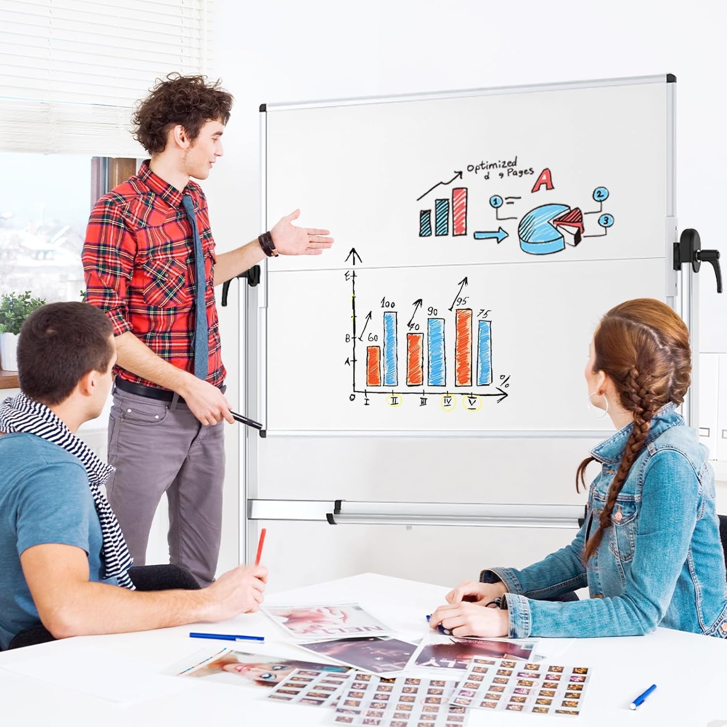 image:imageVIZPRO DoubleSided Mobile Whiteboard 48 x 48 Inches Magnetic Rolling Dry Erase White Board on Wheels with Aluminium Frame and Stand 4 x 448W x 48H