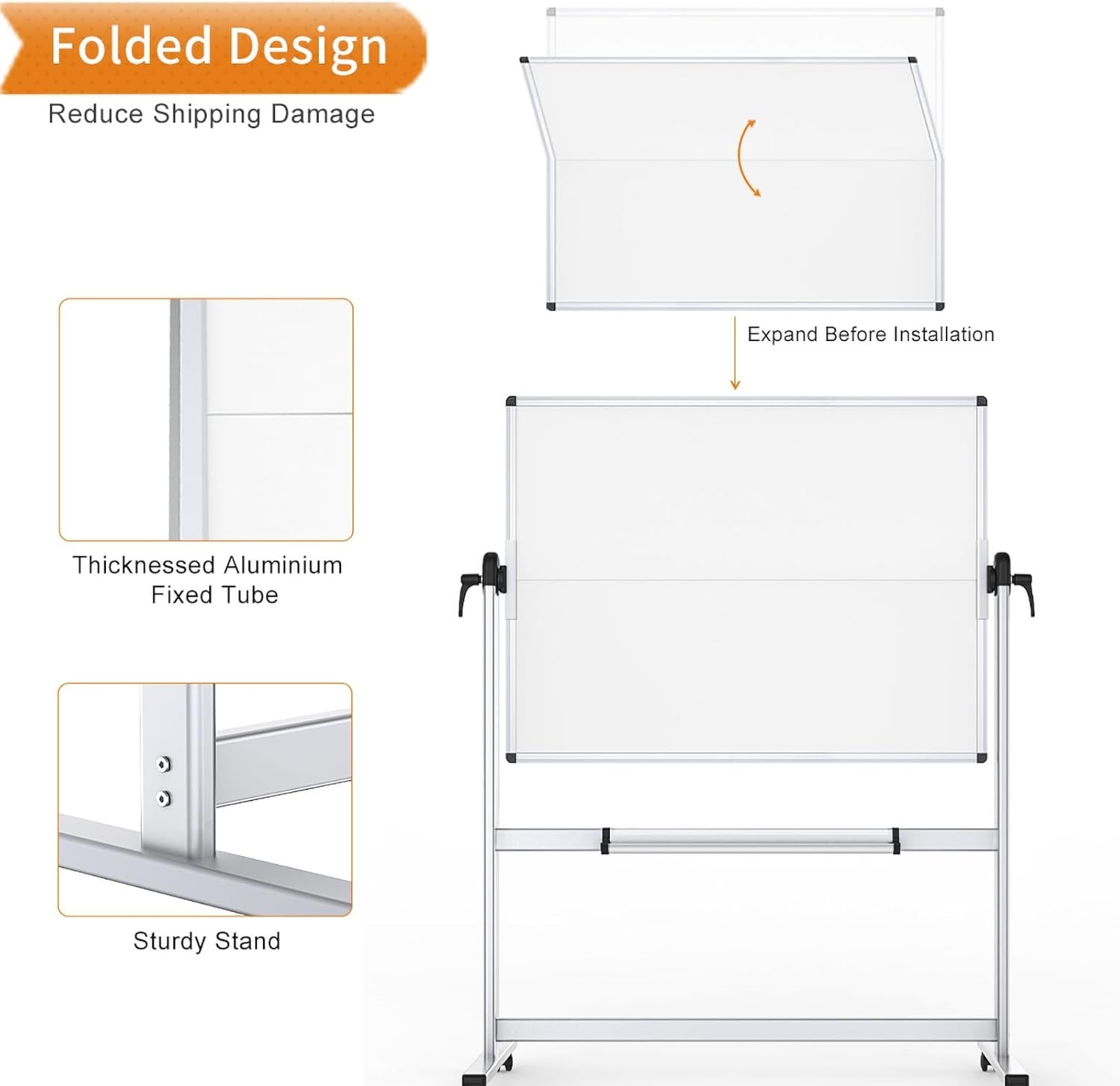 image:imageVIZPRO DoubleSided Mobile Whiteboard 48 x 48 Inches Magnetic Rolling Dry Erase White Board on Wheels with Aluminium Frame and Stand 4 x 448W x 48H
