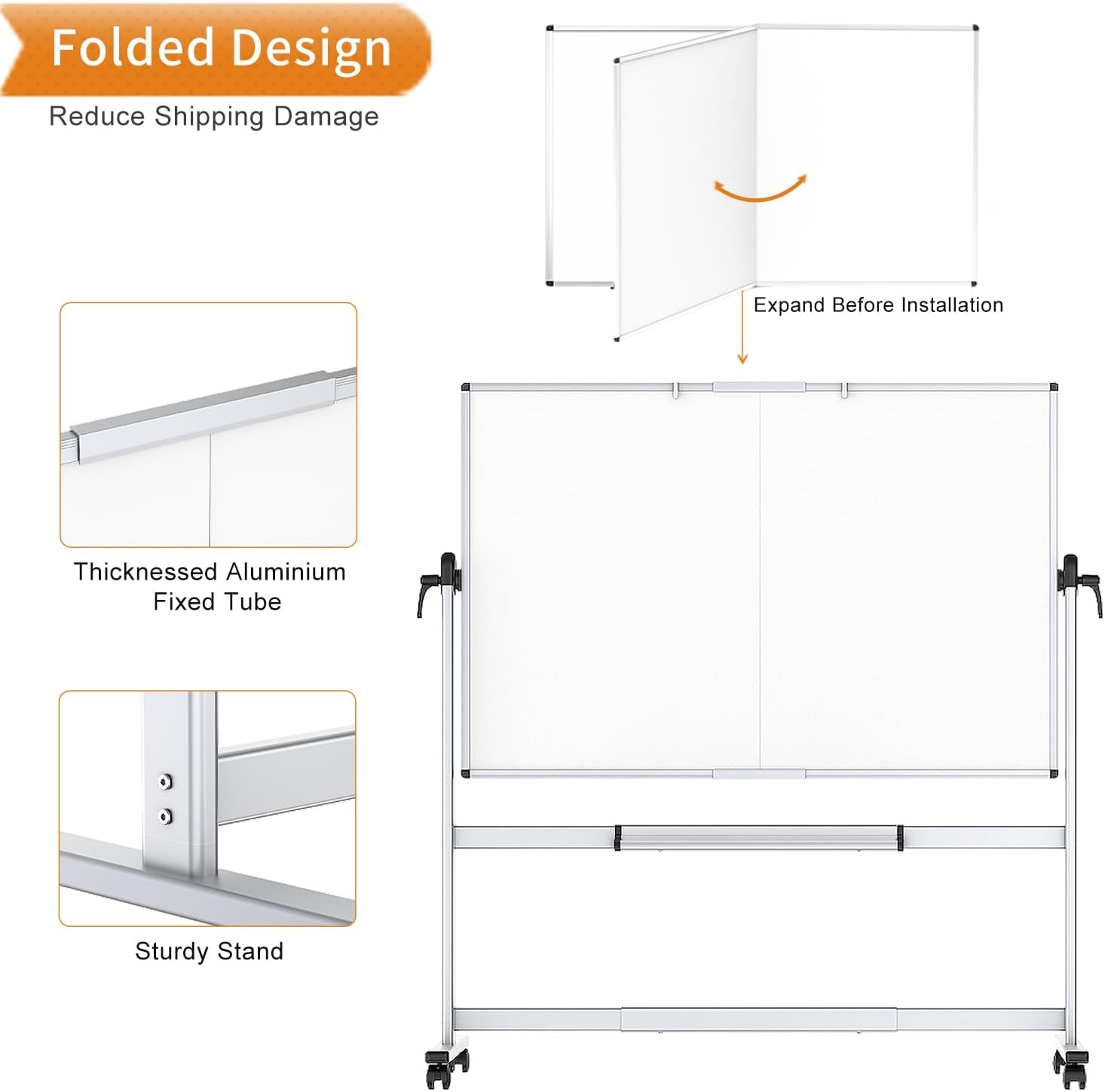 image:imageVIZPRO DoubleSided Mobile Whiteboard 48 x 48 Inches Magnetic Rolling Dry Erase White Board on Wheels with Aluminium Frame and Stand 4 x 460W x 48H
