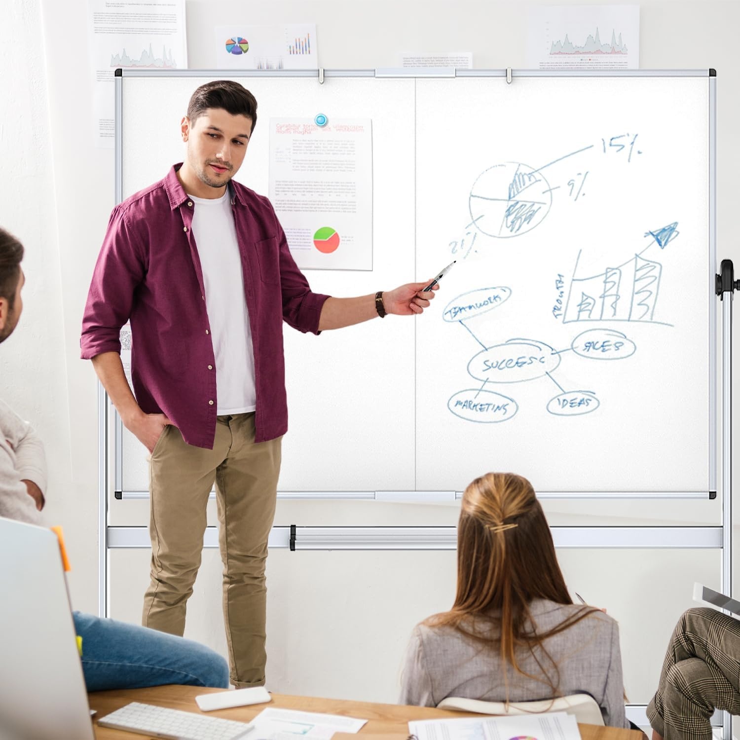 image:imageVIZPRO DoubleSided Mobile Whiteboard 48 x 48 Inches Magnetic Rolling Dry Erase White Board on Wheels with Aluminium Frame and Stand 4 x 472W x 40H