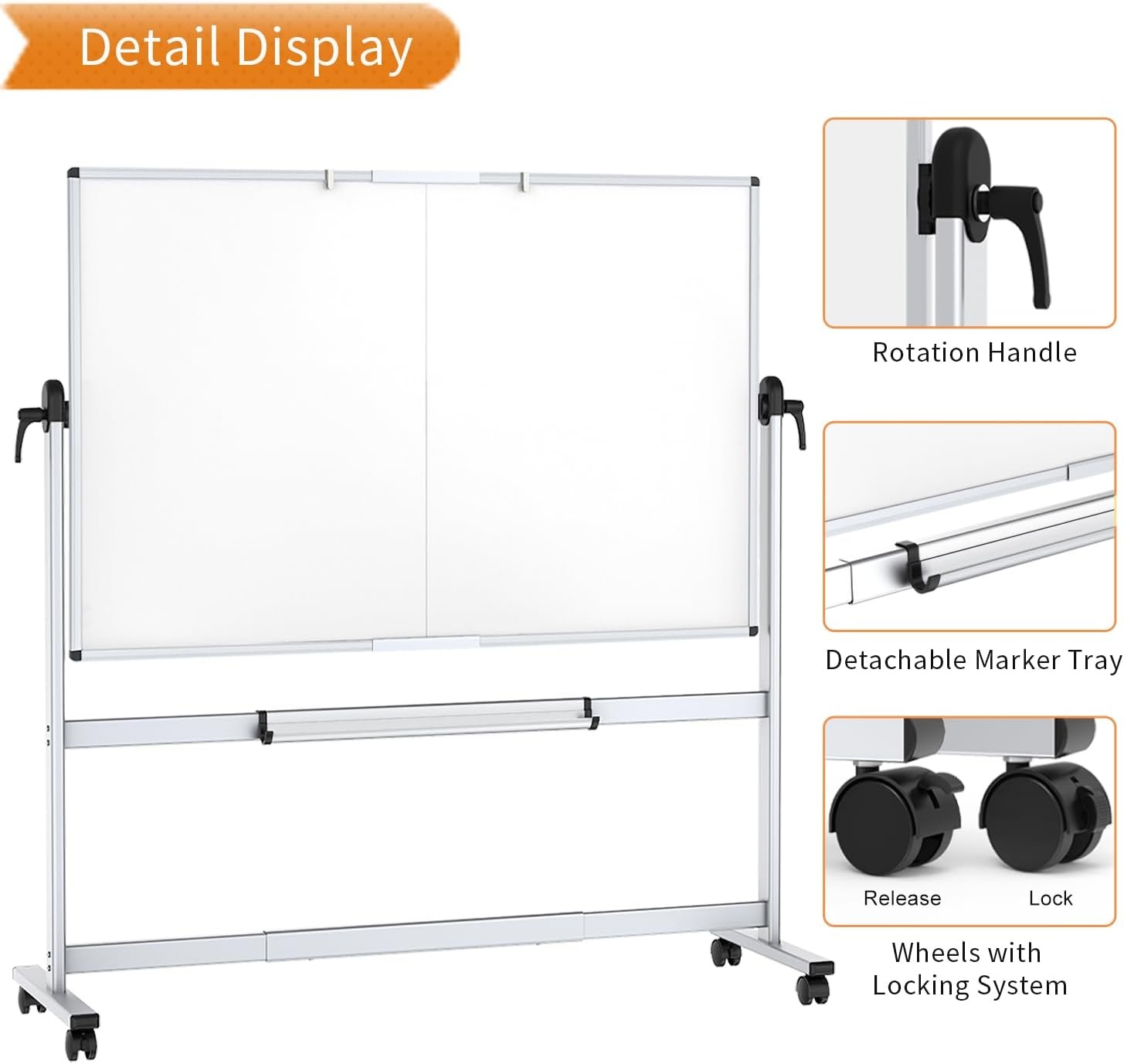 image:imageVIZPRO DoubleSided Mobile Whiteboard 48 x 48 Inches Magnetic Rolling Dry Erase White Board on Wheels with Aluminium Frame and Stand 4 x 472W x 40H
