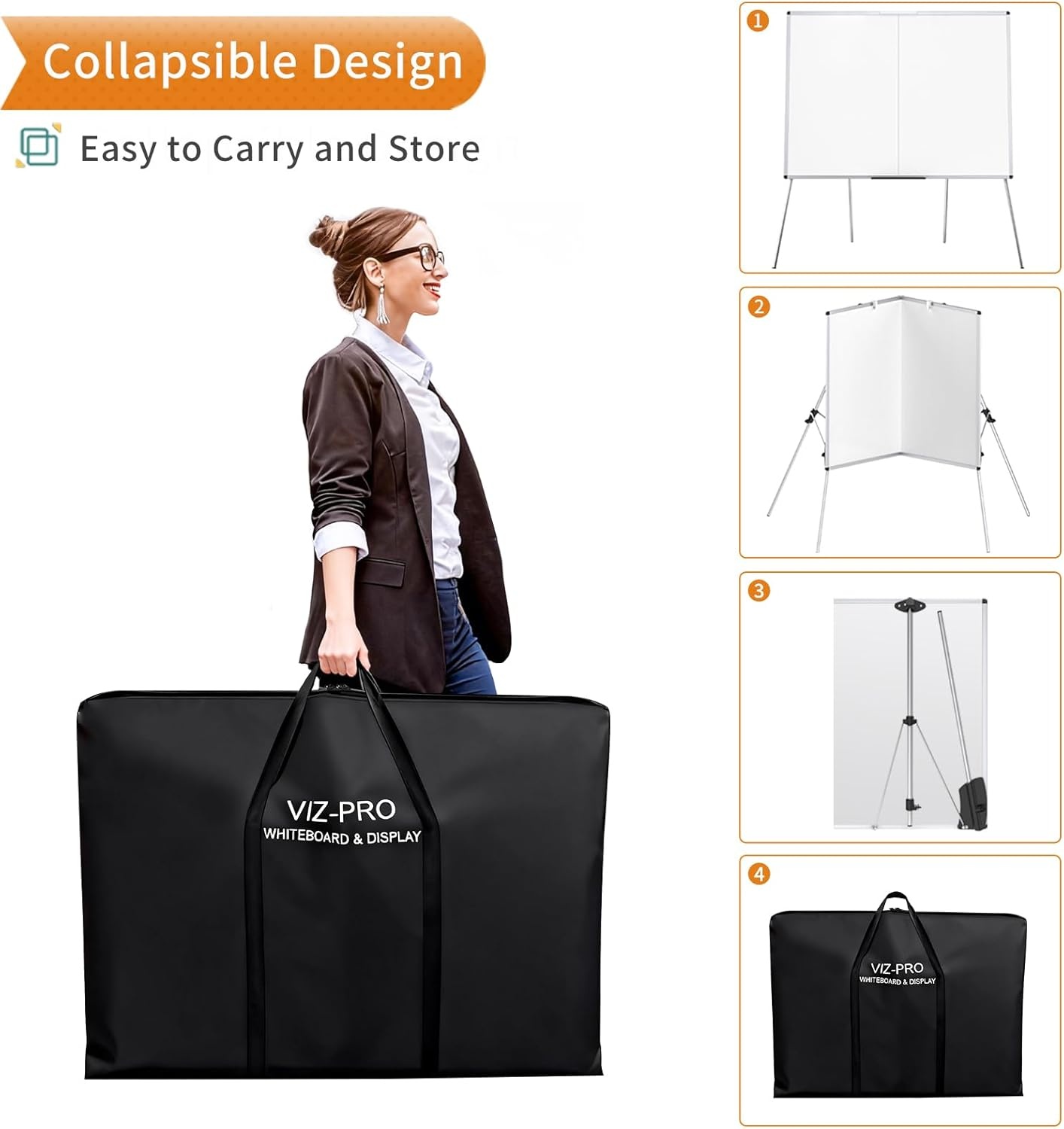 image:imageVIZPRO Magnetic Portable Easel Dry Erase Board Flipchart Easel Stand Tripod Whiteboard 24W x 36L48 x 36 Inches