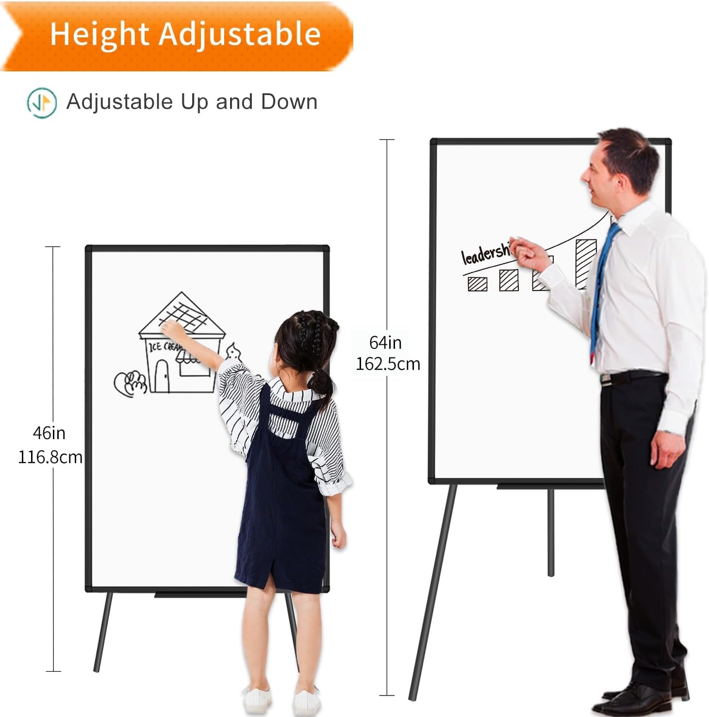 image:imageVIZPRO Magnetic Whiteboard Easel Black 36 x 24 Inches Portable Dry Erase Board Height Adjustable for School Office and HomeBlack