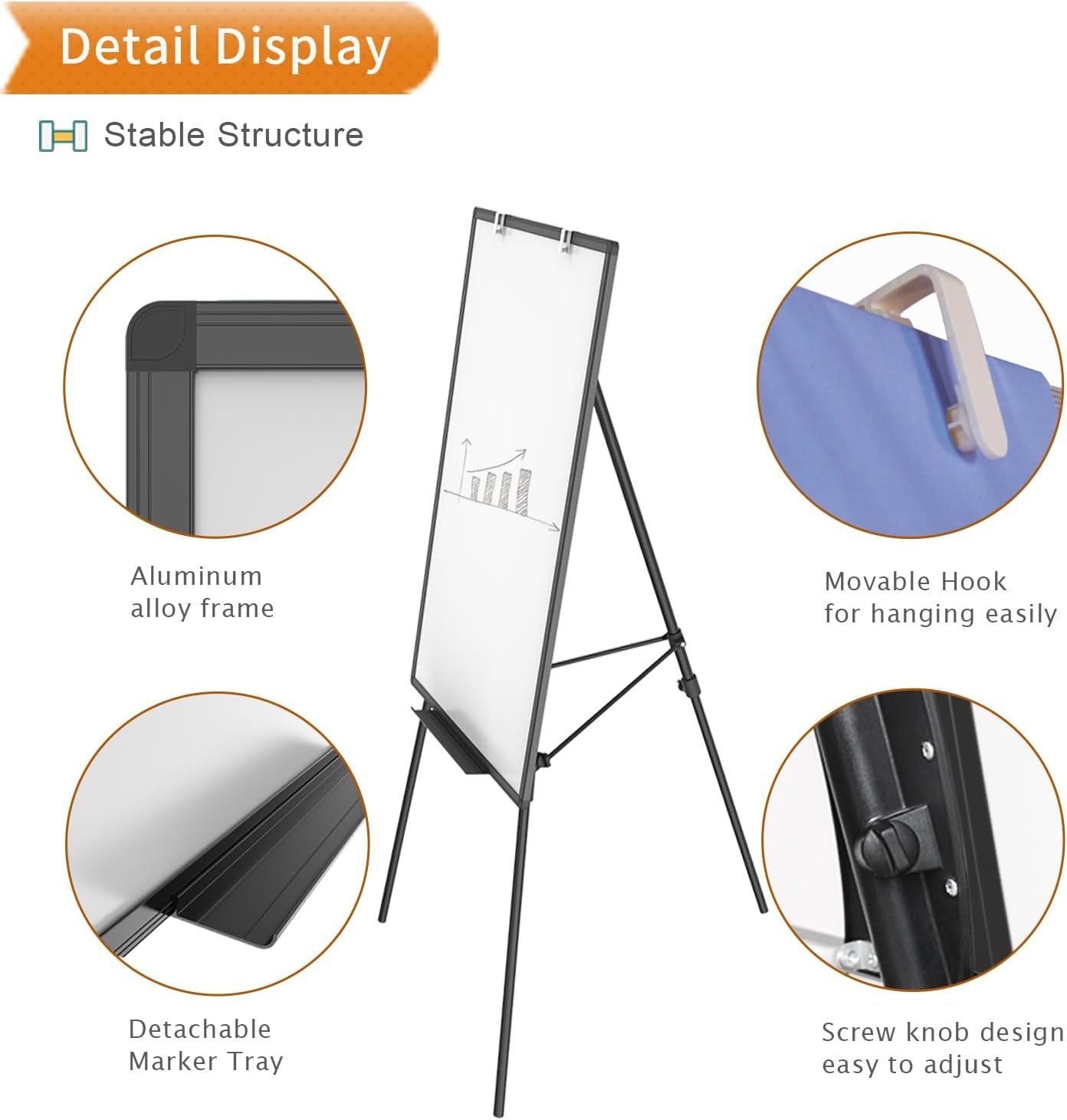 image:imageVIZPRO Magnetic Whiteboard Easel Black 36 x 24 Inches Portable Dry Erase Board Height Adjustable for School Office and HomeBlack