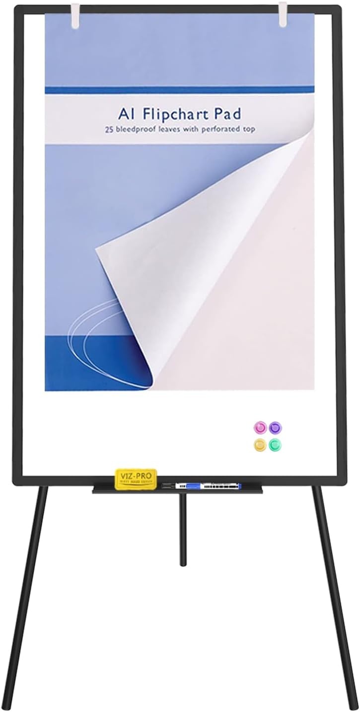 image:imageVIZPRO Magnetic Whiteboard Easel Black 36 x 24 Inches Portable Dry Erase Board Height Adjustable for School Office and HomeBlack