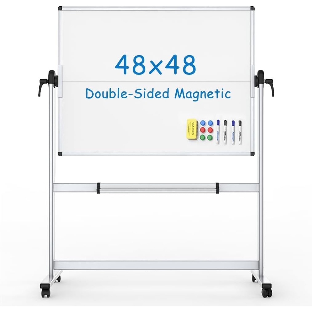 image:imageVIZPRO DoubleSided Mobile Whiteboard 48 x 48 Inches Magnetic Rolling Dry Erase White Board on Wheels with Aluminium Frame and Stand 4 x 448W x 48H