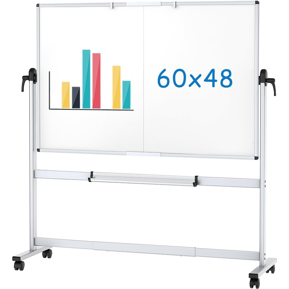 image:imageVIZPRO DoubleSided Mobile Whiteboard 48 x 48 Inches Magnetic Rolling Dry Erase White Board on Wheels with Aluminium Frame and Stand 4 x 460W x 48H