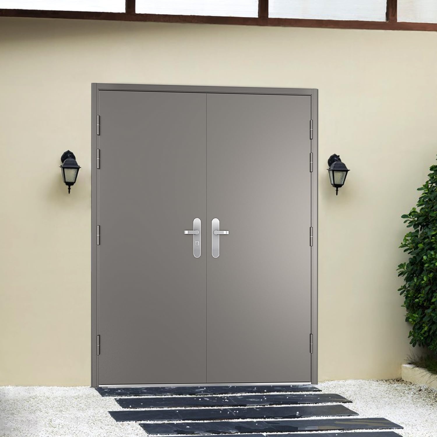 image:imageVIZPRO Quick Mount Double Steel Security Door with Frame and Hardware Gray Right SideActive Leaf InwardLeft SideActive Leaf Outward