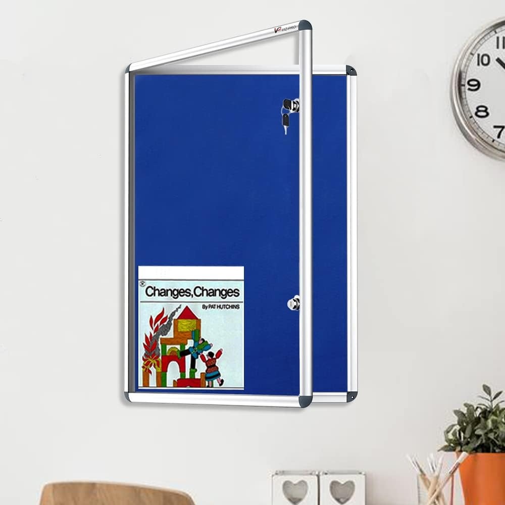 image:imageVIZPRO Tamperproof Lockable Cork Noticeboard Class 1 Aluminium Framed 36x24 InchesBlue Felt