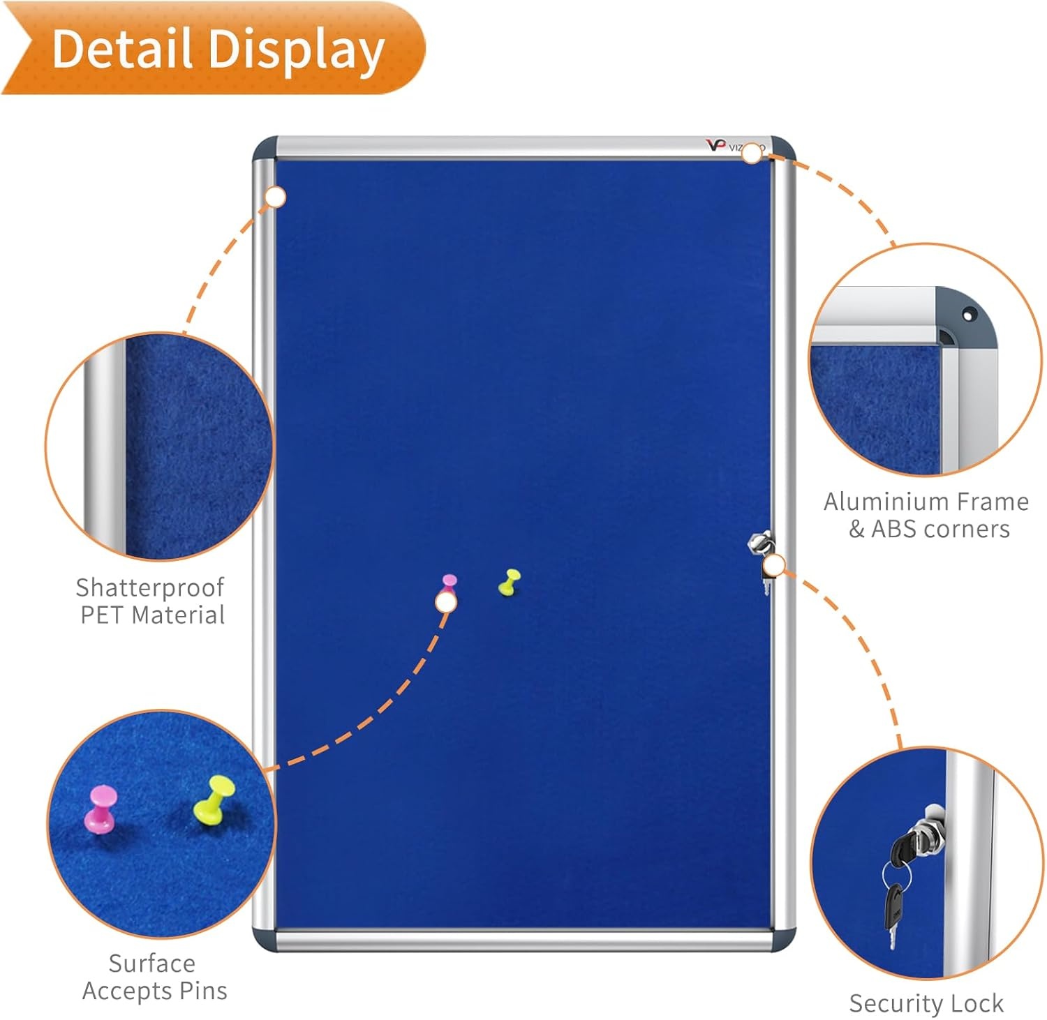image:imageVIZPRO Tamperproof Lockable Cork Noticeboard Class 1 Aluminium Framed 36x24 InchesBlue Felt