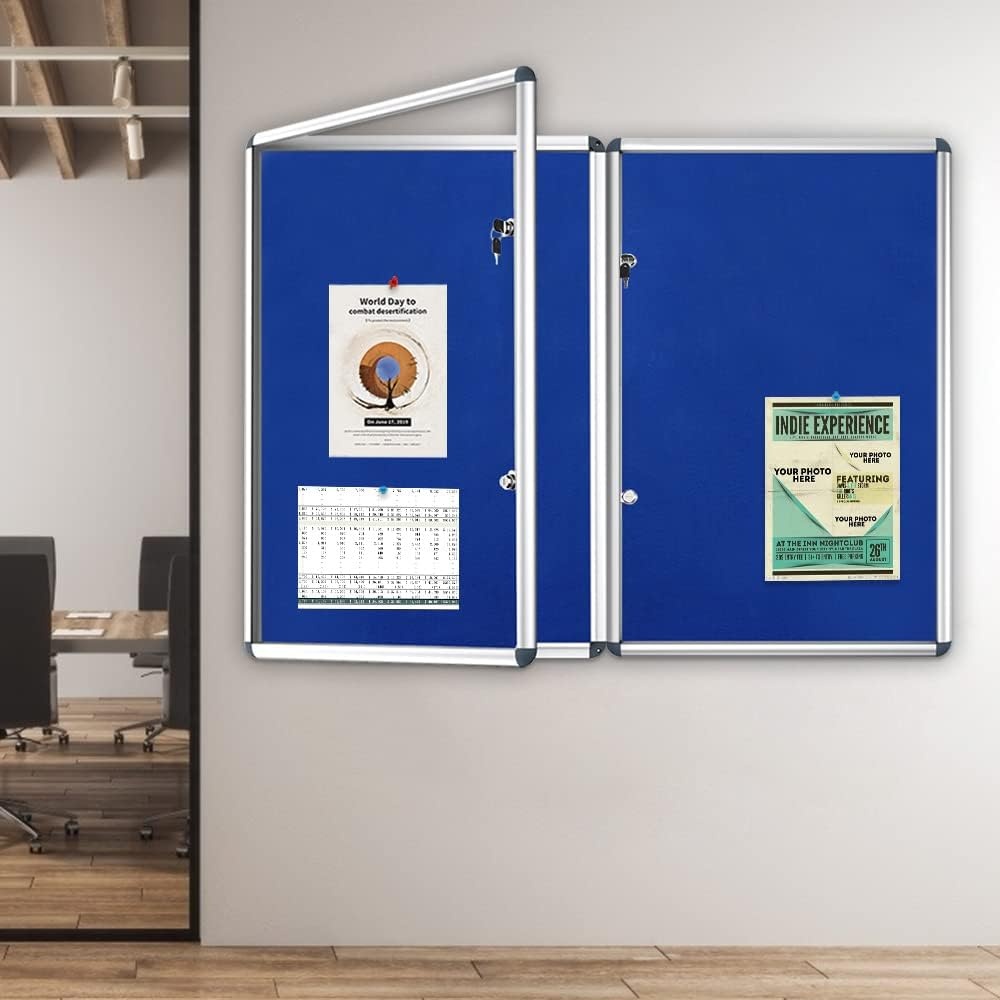 image:imageVIZPRO Tamperproof Lockable Cork Noticeboard Class 1 Aluminium Framed 36x24 InchesBlue Felt