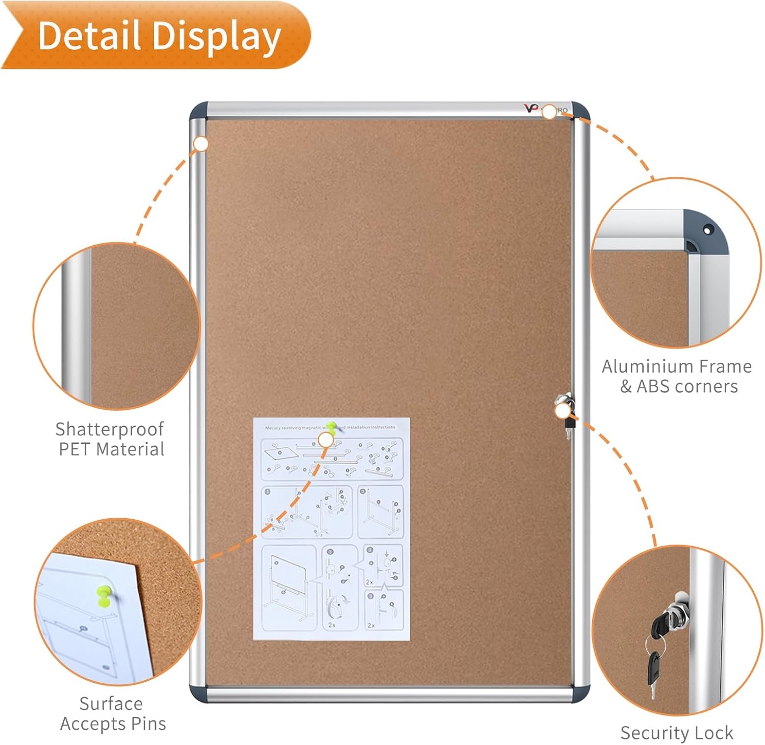 image:imageVIZPRO Tamperproof Lockable Cork Noticeboard Class 1 Aluminium Framed 36x24 InchesCork