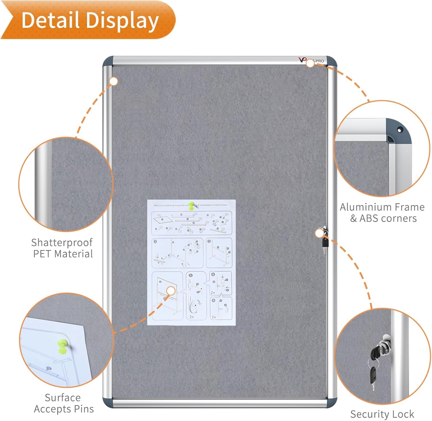 image:imageVIZPRO Tamperproof Lockable Cork Noticeboard Class 1 Aluminium Framed 36x24 InchesGray Felt