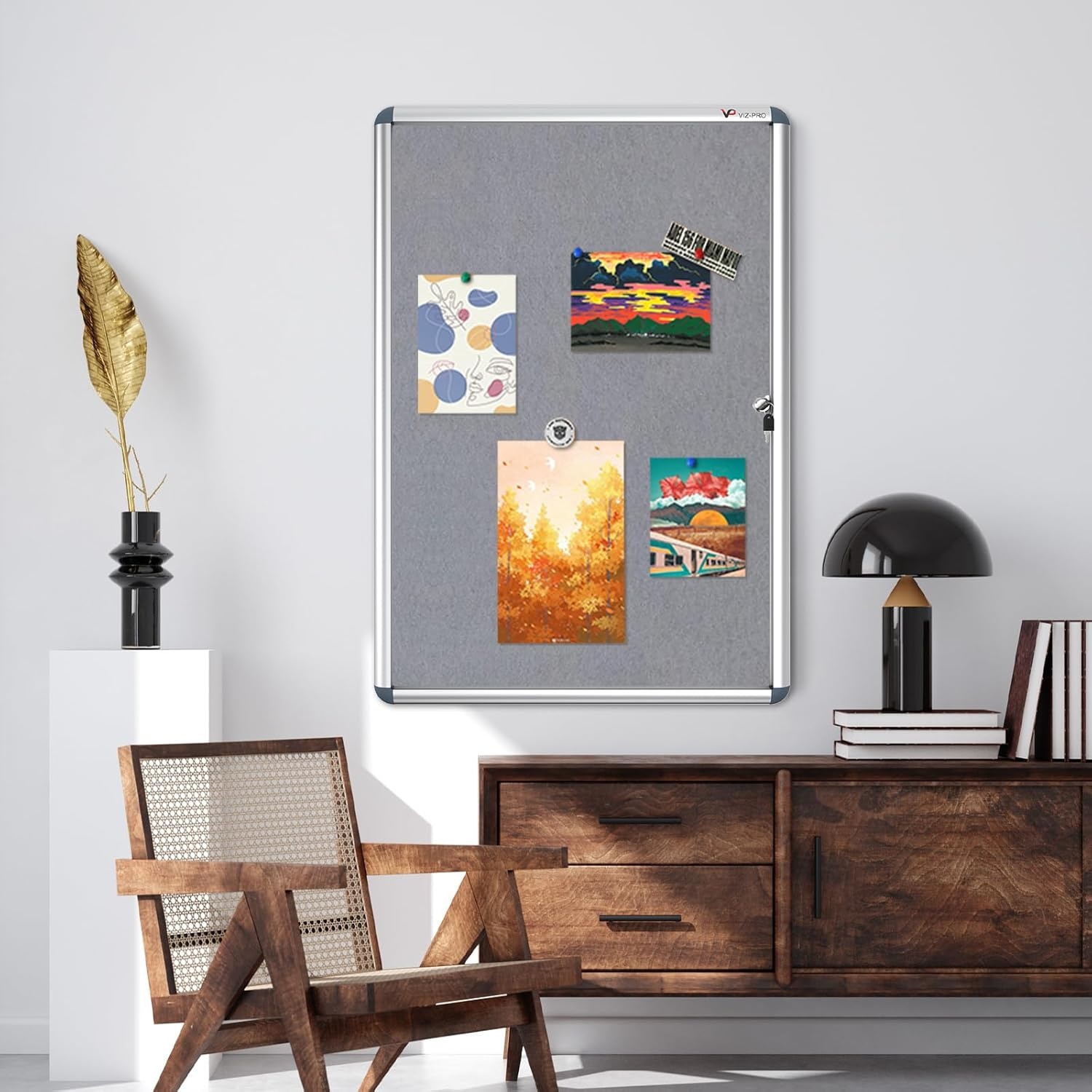 image:imageVIZPRO Tamperproof Lockable Cork Noticeboard Class 1 Aluminium Framed 36x24 InchesGray Felt