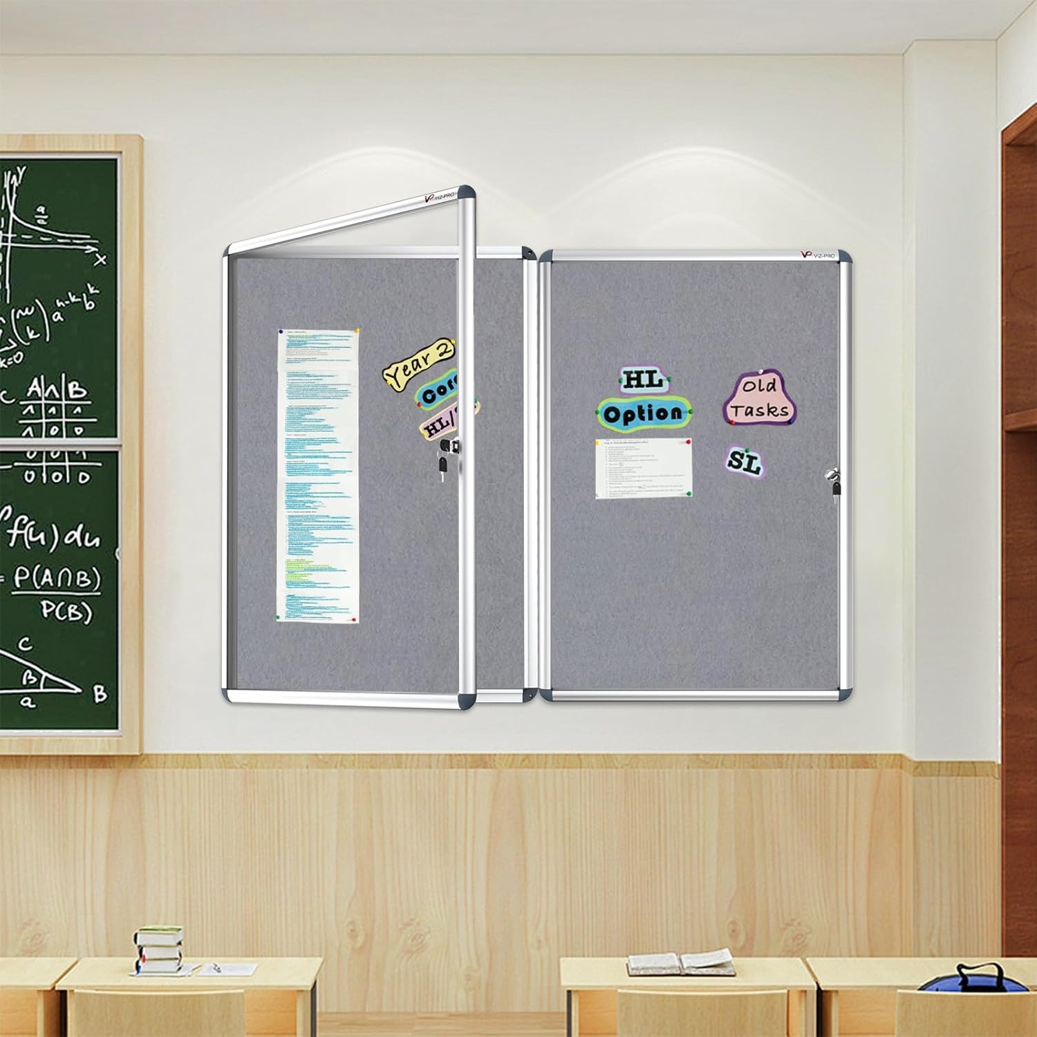 image:imageVIZPRO Tamperproof Lockable Cork Noticeboard Class 1 Aluminium Framed 36x24 InchesGray Felt