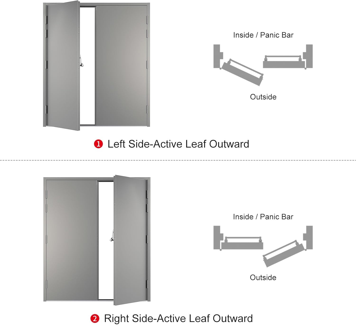image:imageVIZPRO Quick Mount Fire Exit Door Double with Panic Bar Gray Left SideActive Leaf Outward