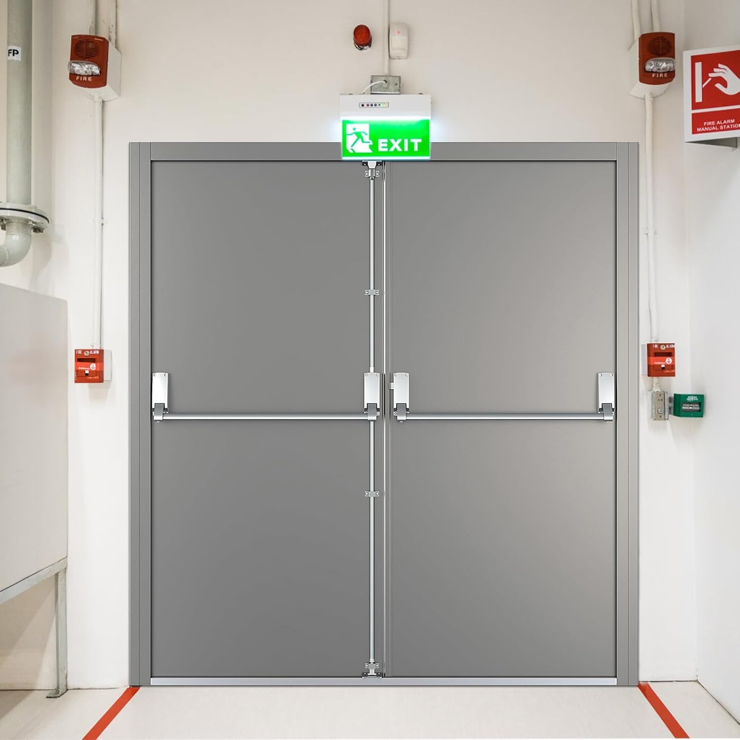 image:imageVIZPRO Quick Mount Fire Exit Door Double with Panic Bar Gray Left SideActive Leaf Outward