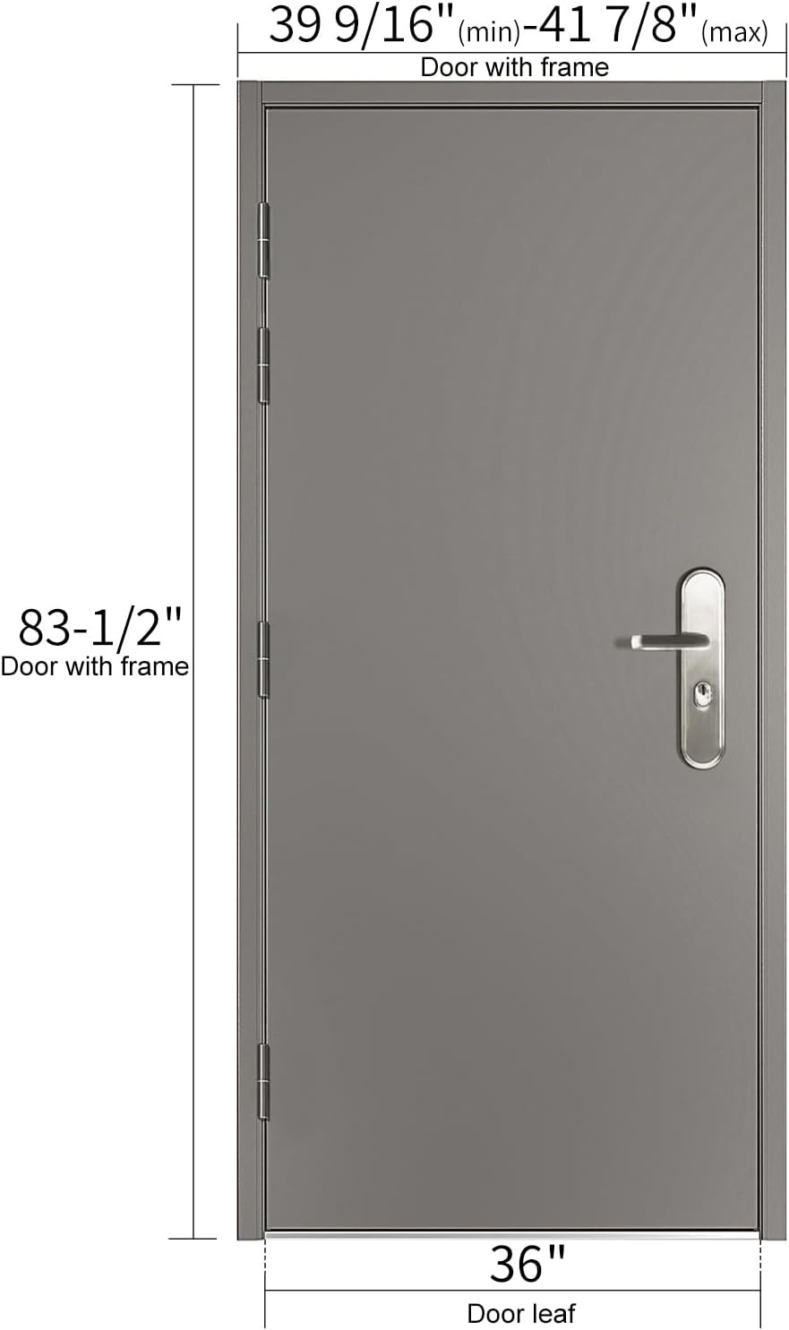 image:imageVIZPRO Quick Mount Steel Security Door with Frame and Hardware Gray Right SideHinged Inward 39 916 41 78 Width Adjustable 83 12 HeightLeft SideHinged Outward
